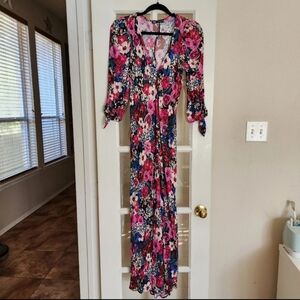 Zara Floral Maxi Dress Long Sleeve V Neck Boho Pink Blue Size Small